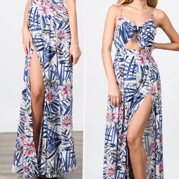 NEW! Tropical Floral Cutout Front Tie Jumpsuit - Picture 2 of 6